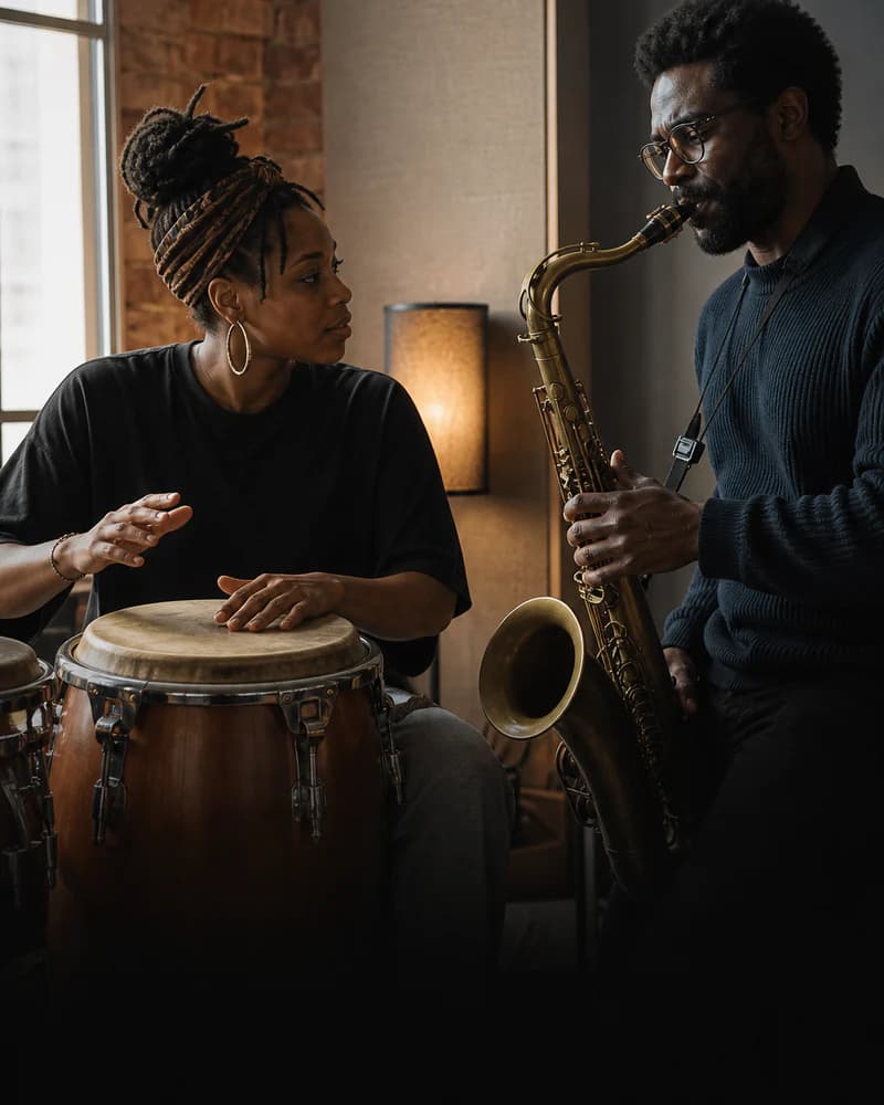 Percussionist and saxophonist trading phrases in a Manchester rehearsal studio