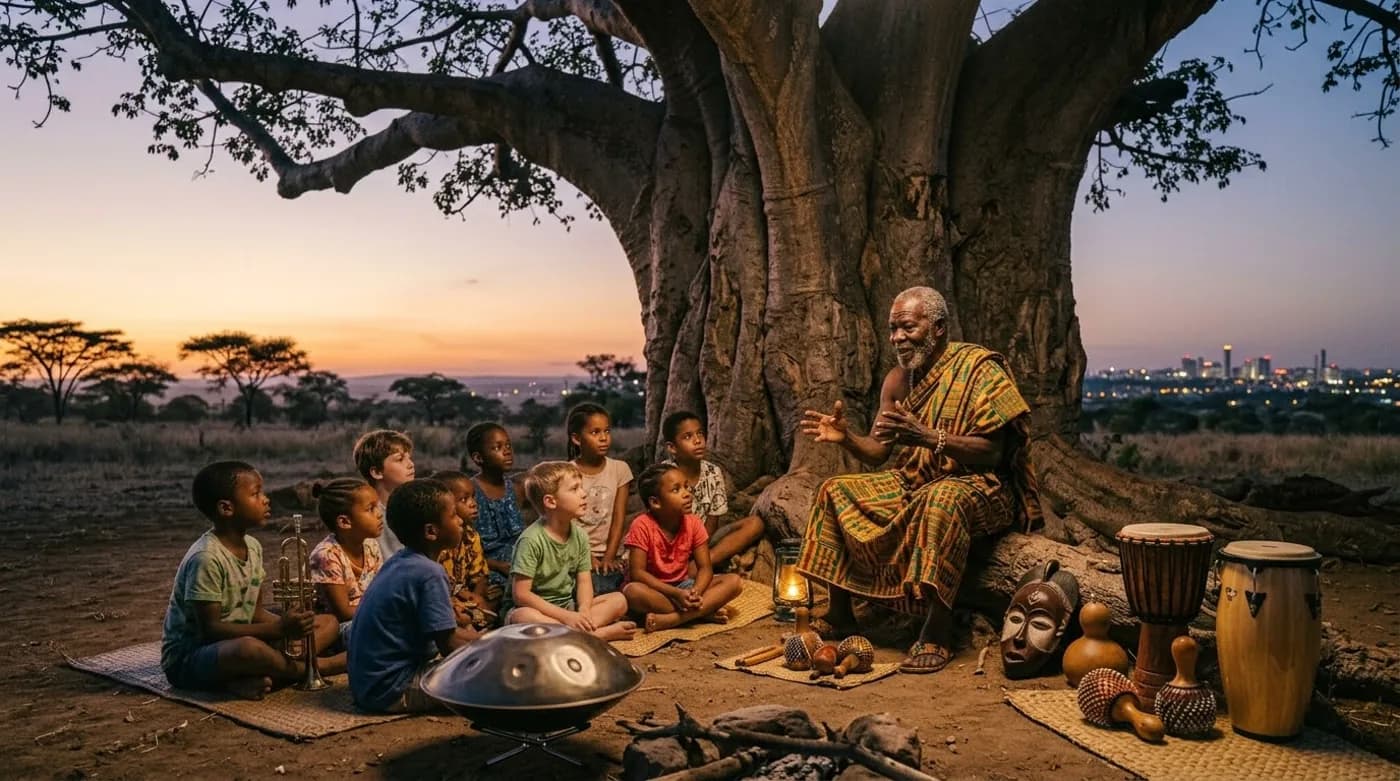 An elder telling stories to children seated under a baobab tree at dusk