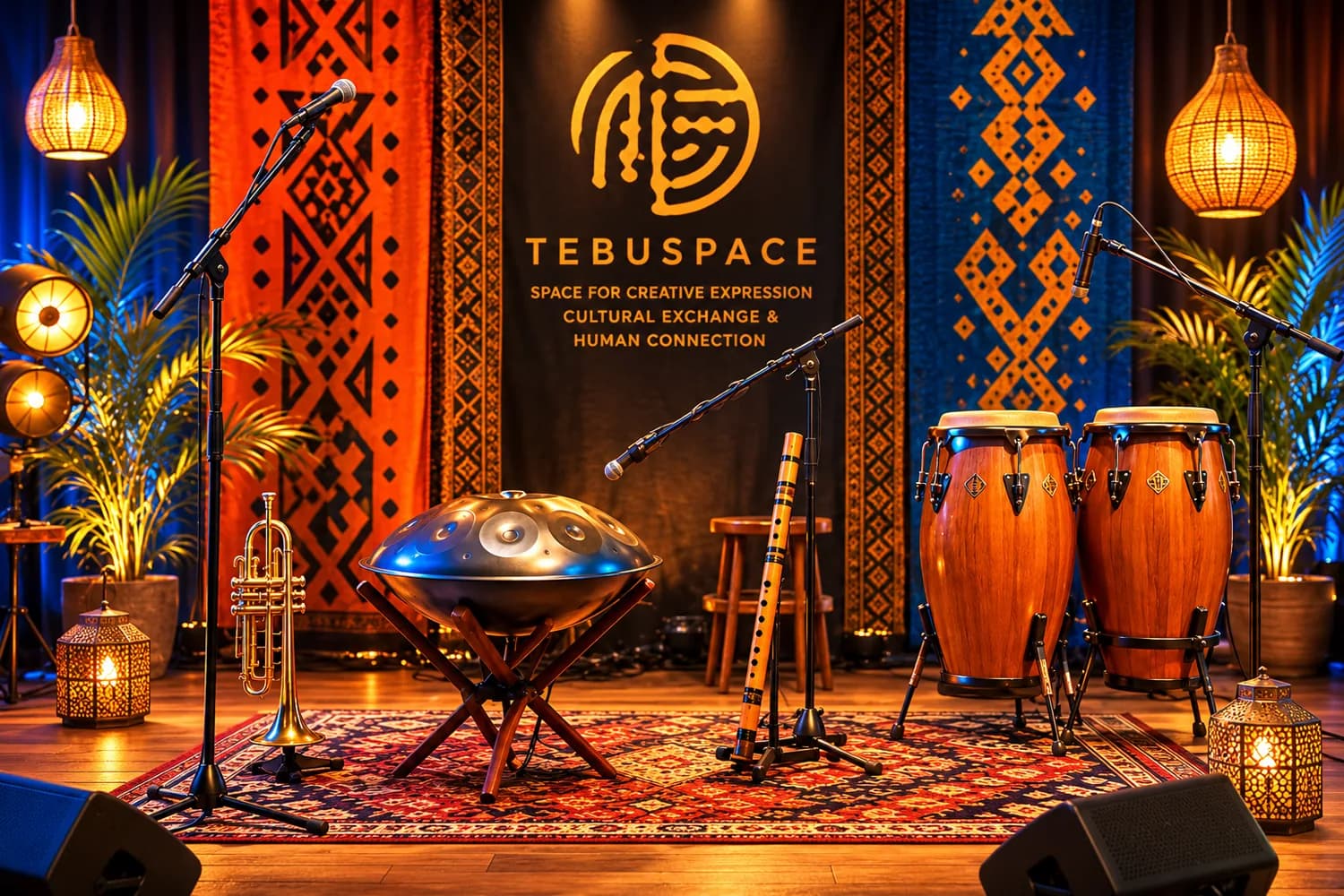 A TebuSpace stage set with handpan, congas, trumpet and lanterns against patterned cloth