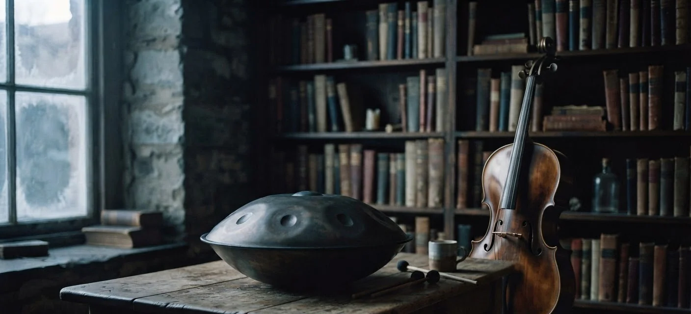 A handpan on a wooden table beside a violin, in a stone-walled room lined with old books