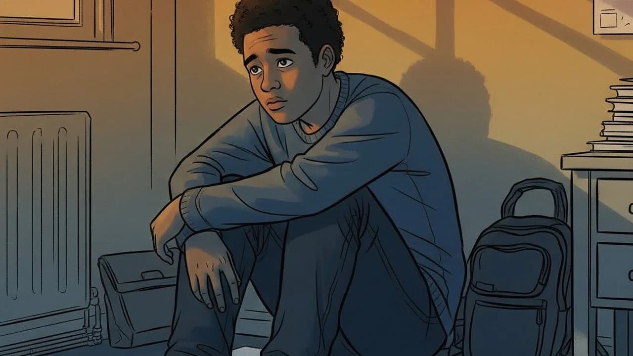 Illustration of a young man sitting on a bedroom floor, knees drawn up, looking towards the window