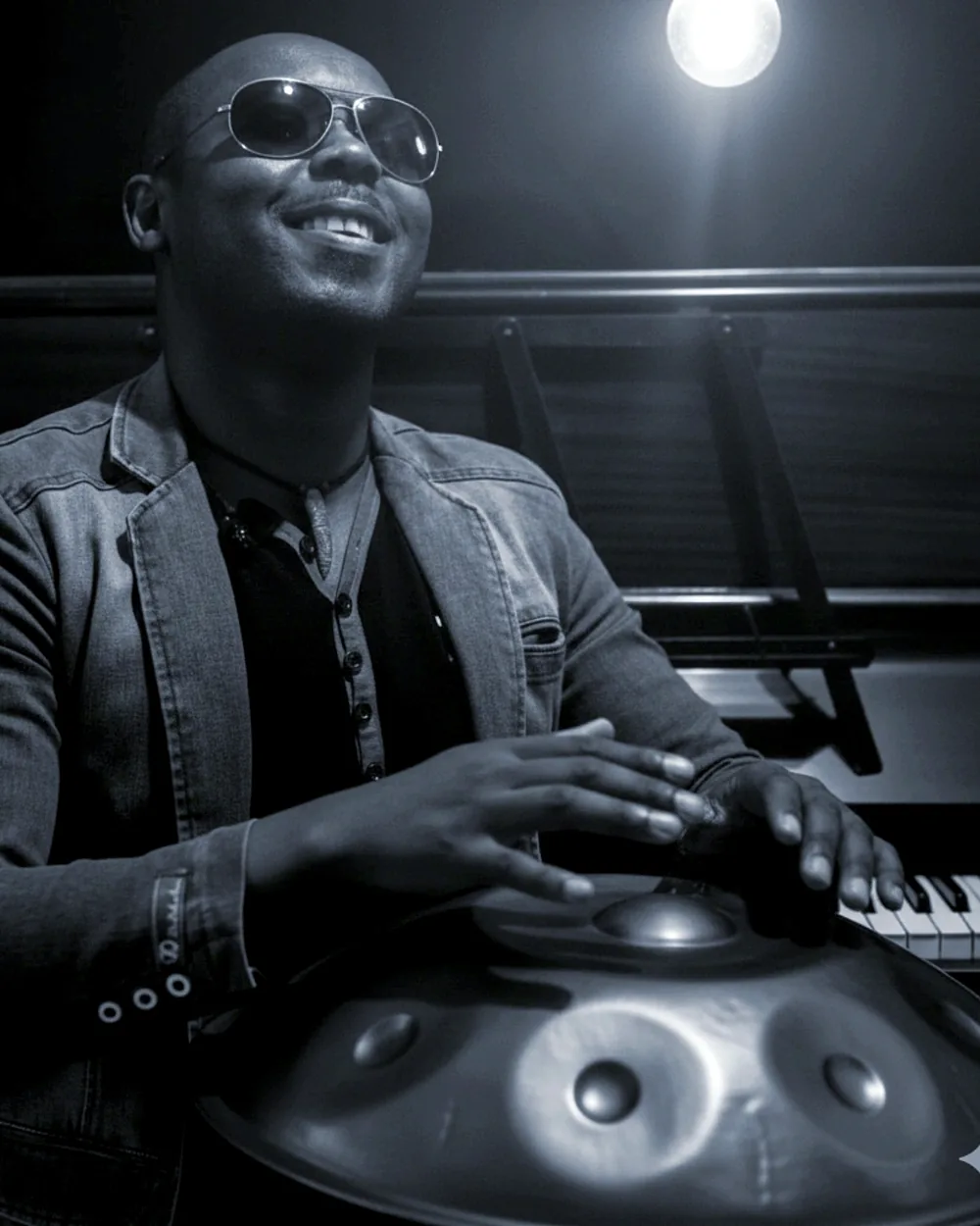 Serge Tebu smiling at the handpan beside a grand piano, in black and white