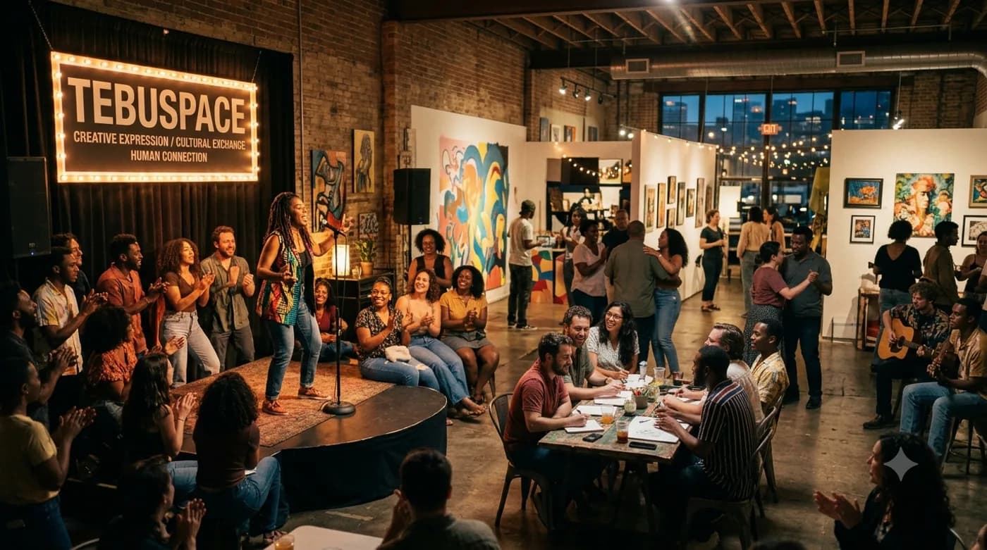 A busy room under a lit TebuSpace sign, people talking, listening and playing
