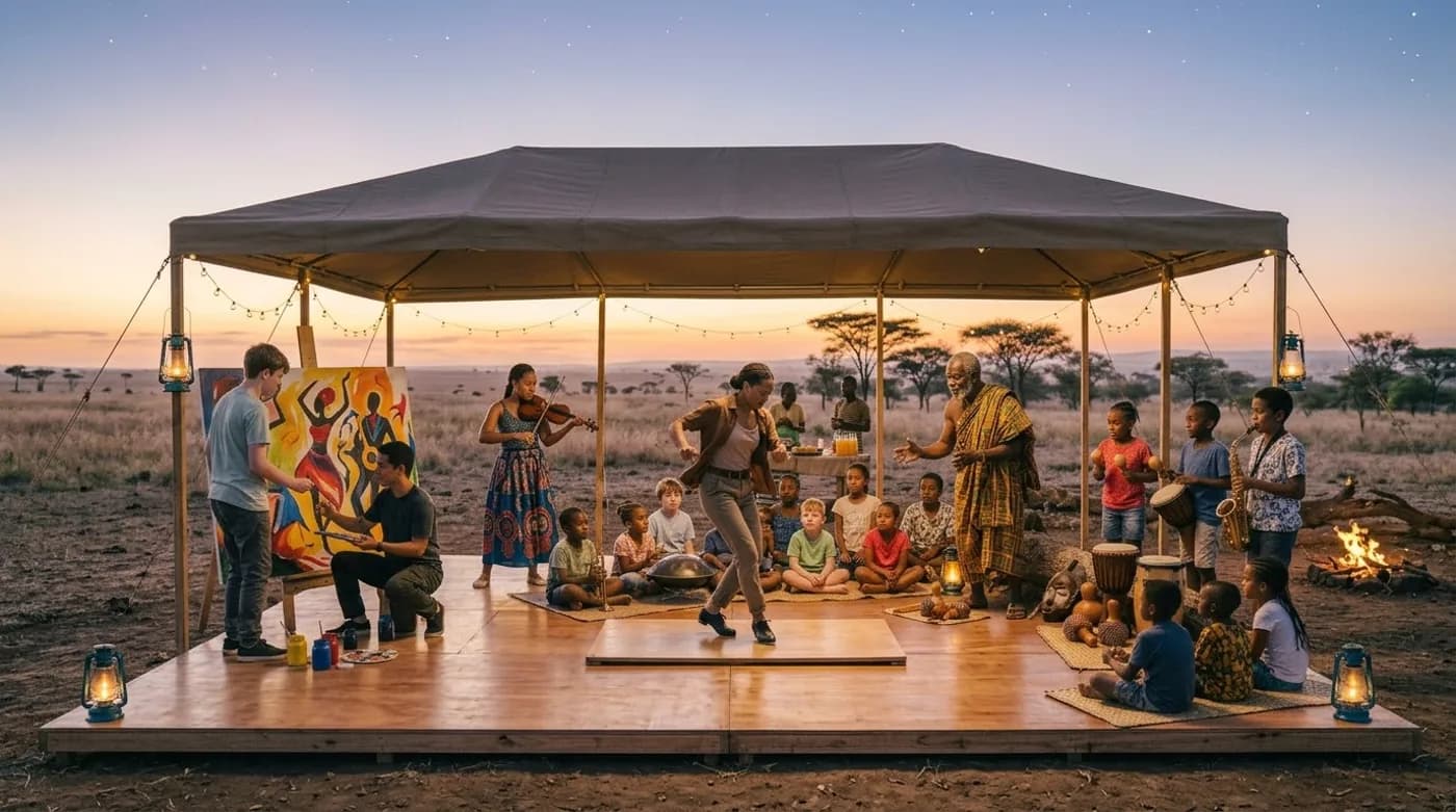 An open-sided stage on the savanna at dusk, with people gathered around it