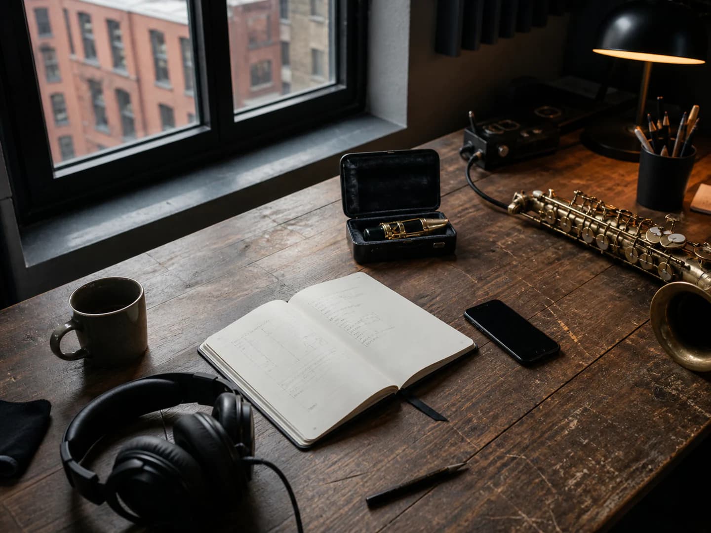 Studio planning desk with open notebook, headphones, phone and saxophone mouthpiece case