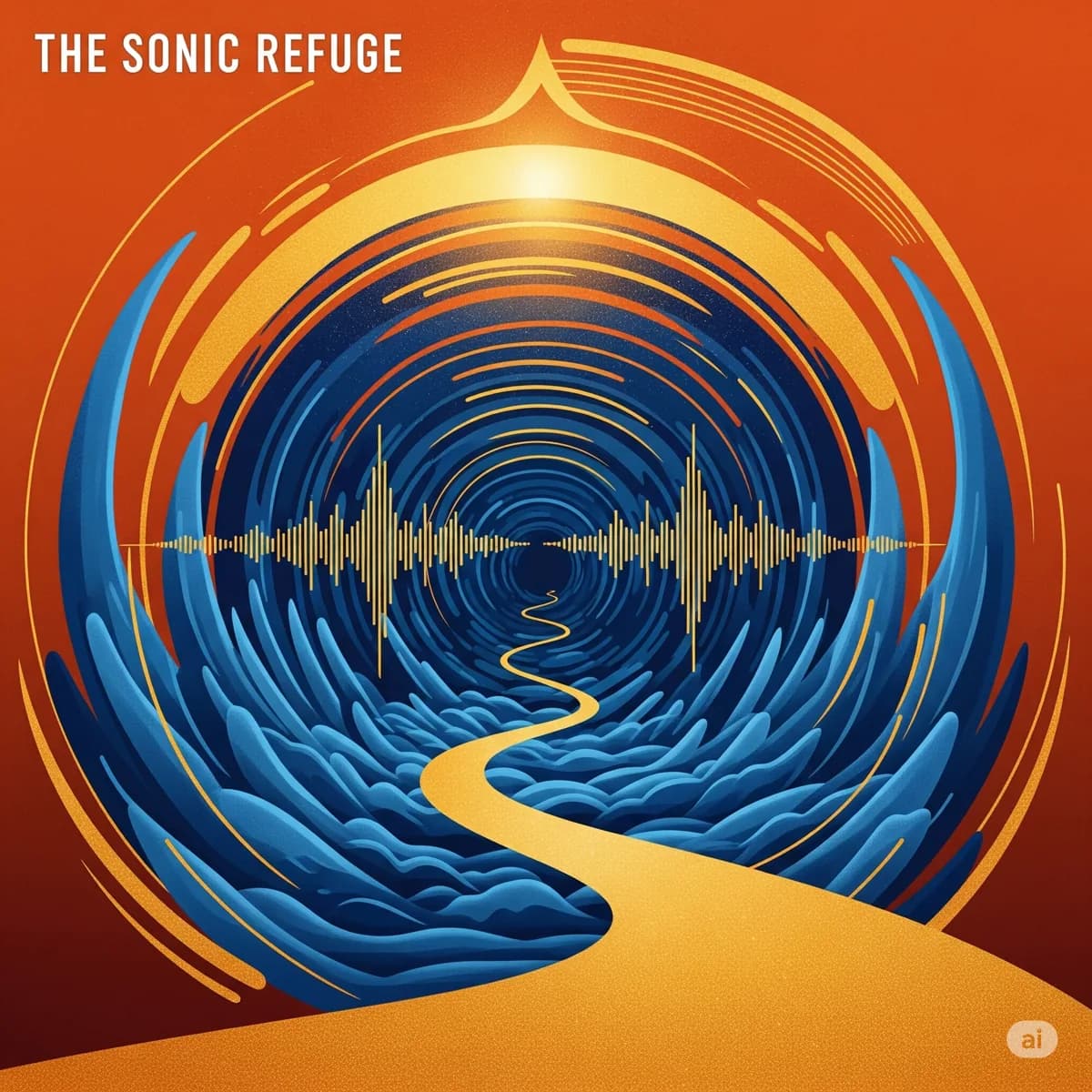 The Sonic Refuge cover artwork: a golden path winding into a blue tunnel of sound waves on an orange ground