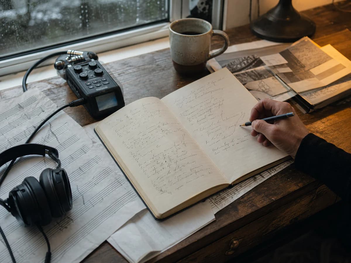 Composer's hand working between a notebook, score and field recorder