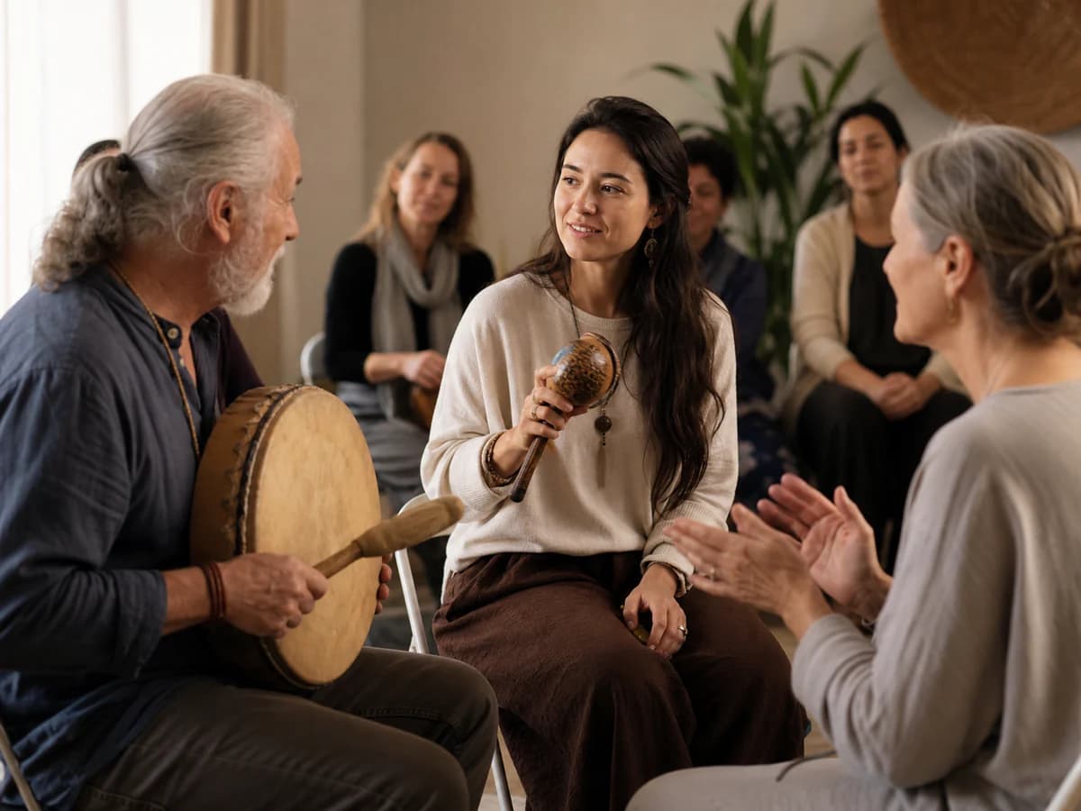 Three participants exchanging a rhythm with frame drum, shaker and claps