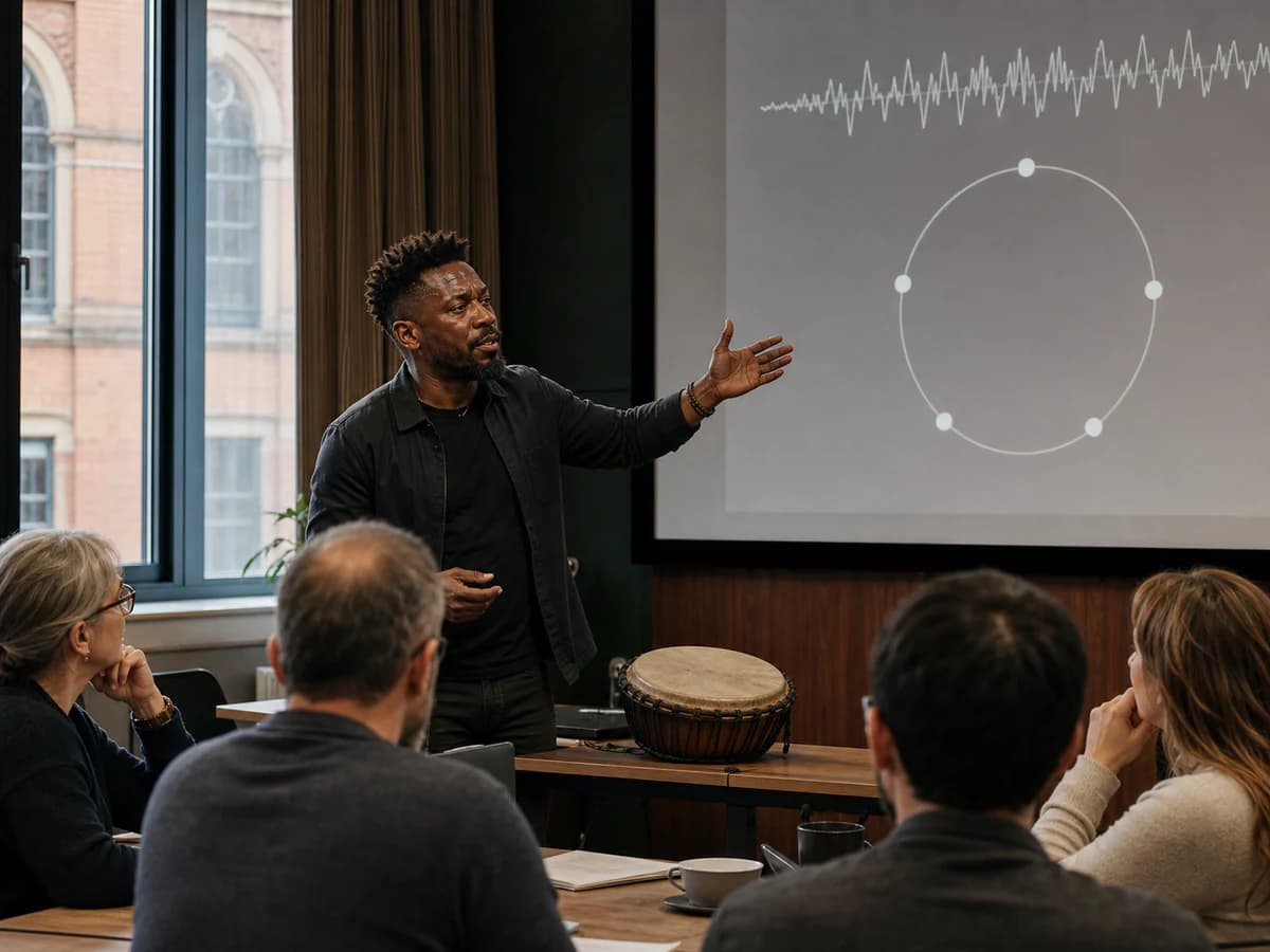 Serge Tebu presenting rhythm and wellbeing research to a small seminar