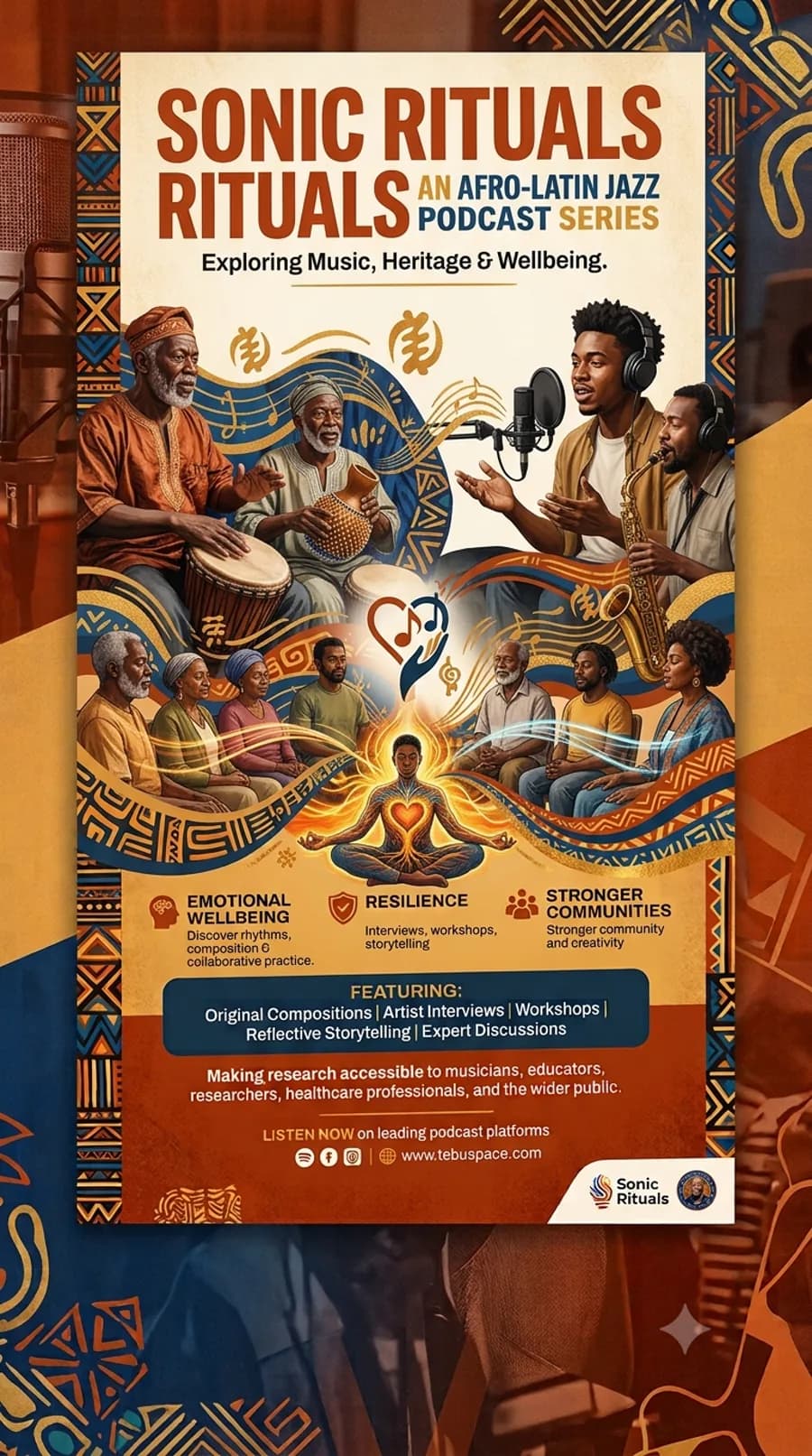 Sonic Rituals podcast series poster: musicians, drummers and listeners around a central figure, over Afro-Latin patterning