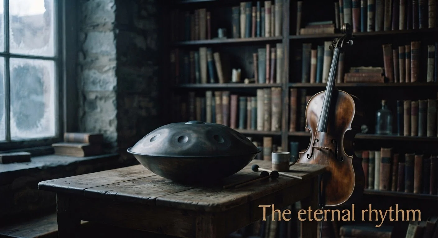 The Eternal Rhythm artwork: a handpan and a violin on a table by a frosted window