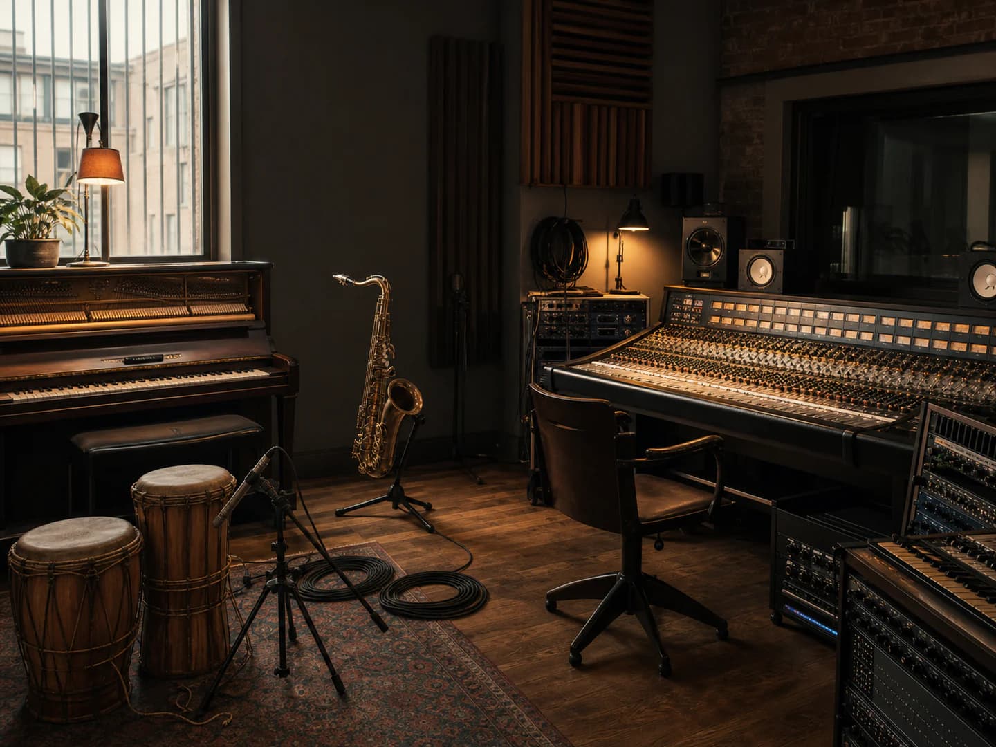 Acoustic music production studio with vintage keys, percussion and saxophone on stand