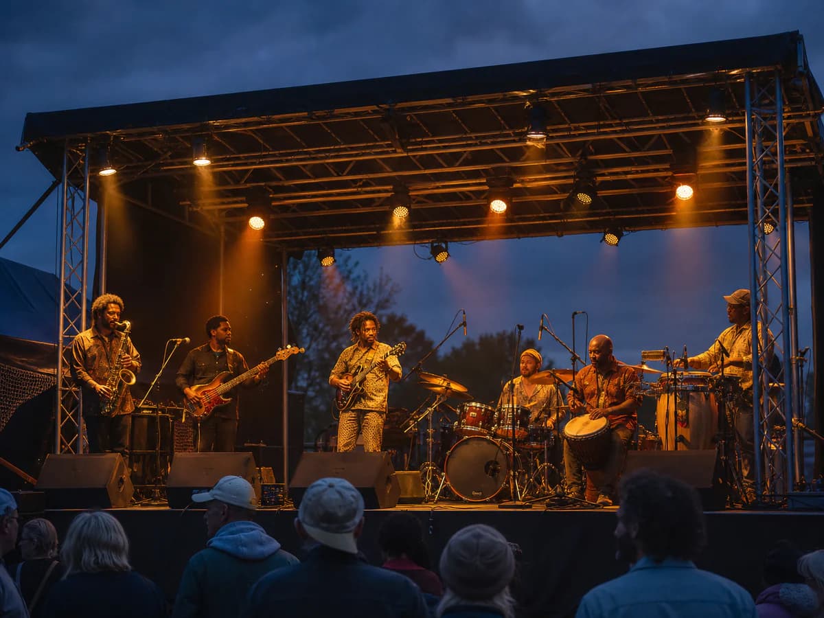 Full Afro-jazz band performing on a festival stage at dusk