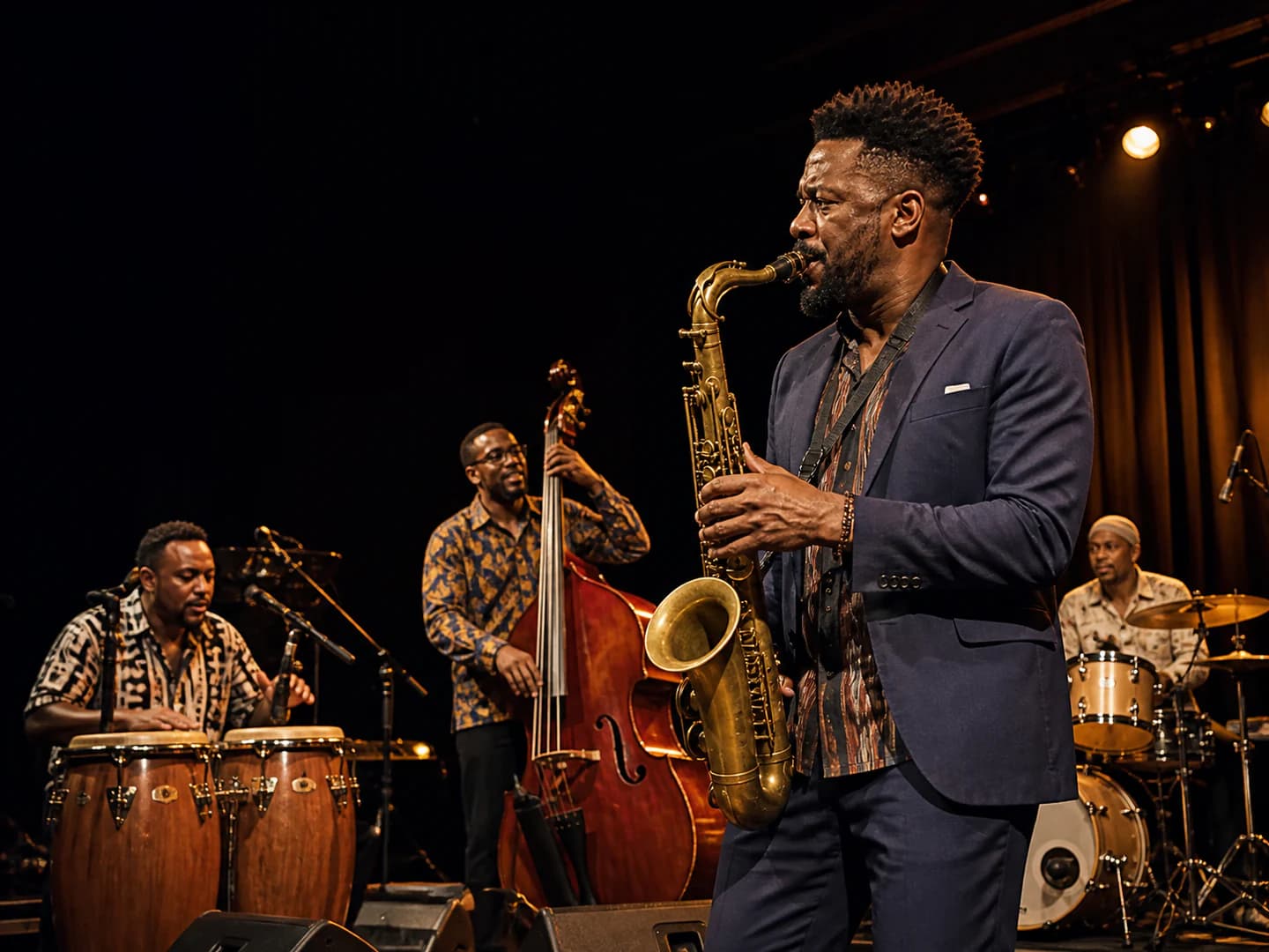 Solo saxophonist performing live on a lit stage with ensemble behind