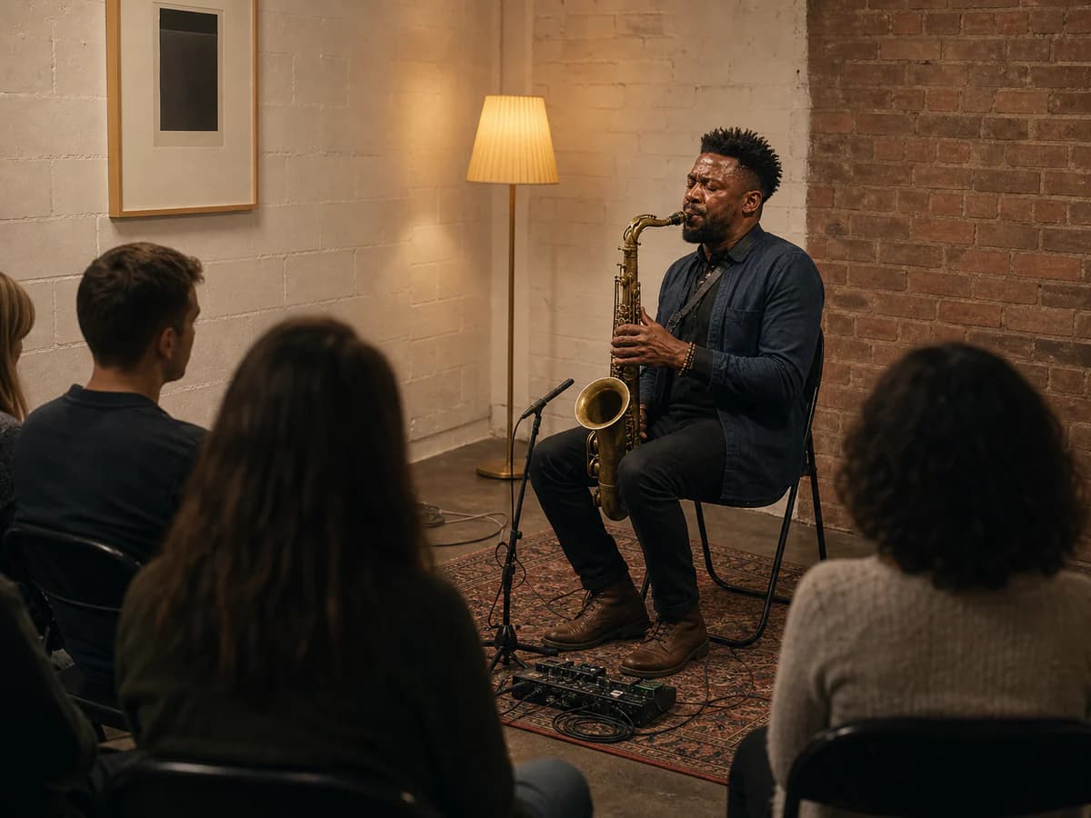 Intimate acoustic saxophone solo performance under warm lighting