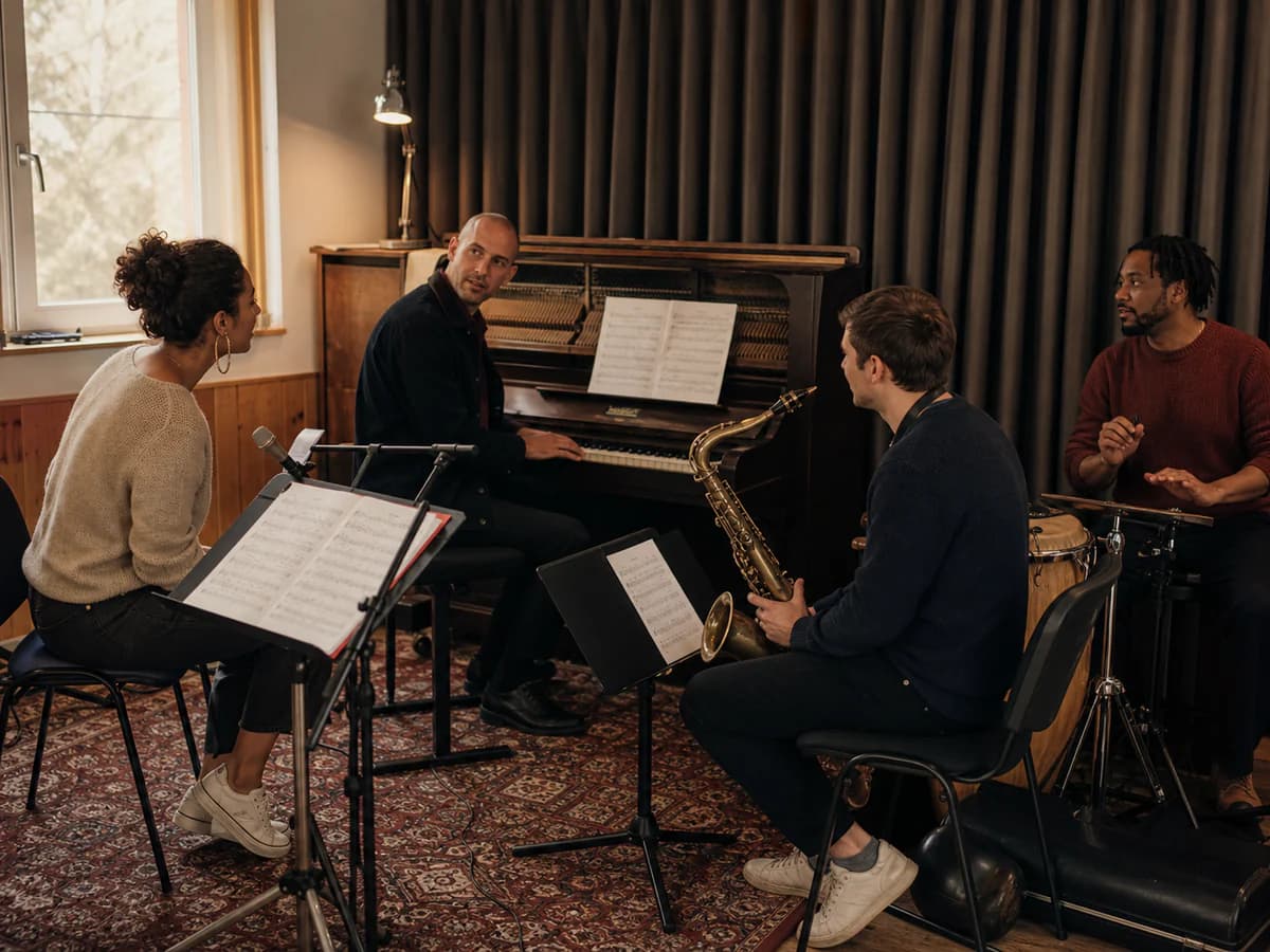 Small group masterclass with attentive music students in a rehearsal room