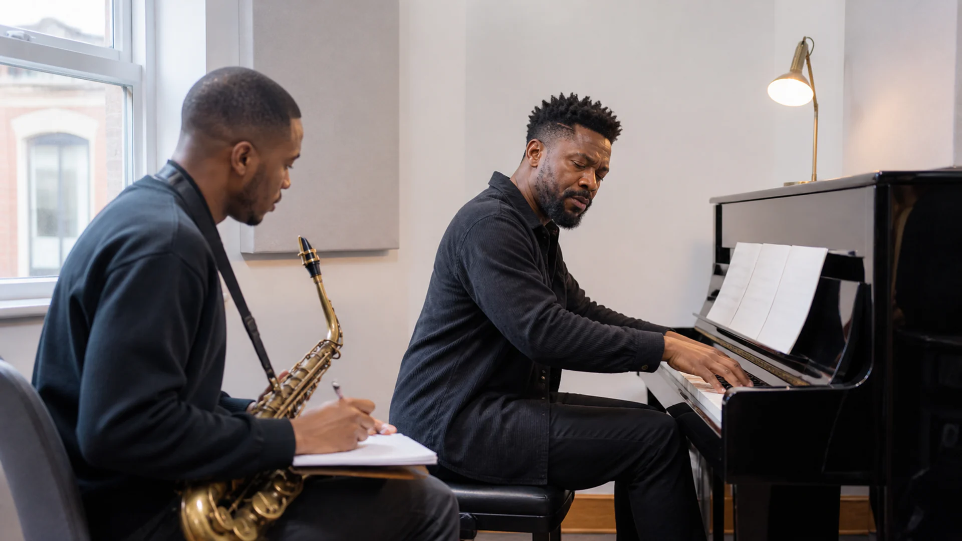 One-to-one music masterclass teaching session with mentor and student at piano and saxophone