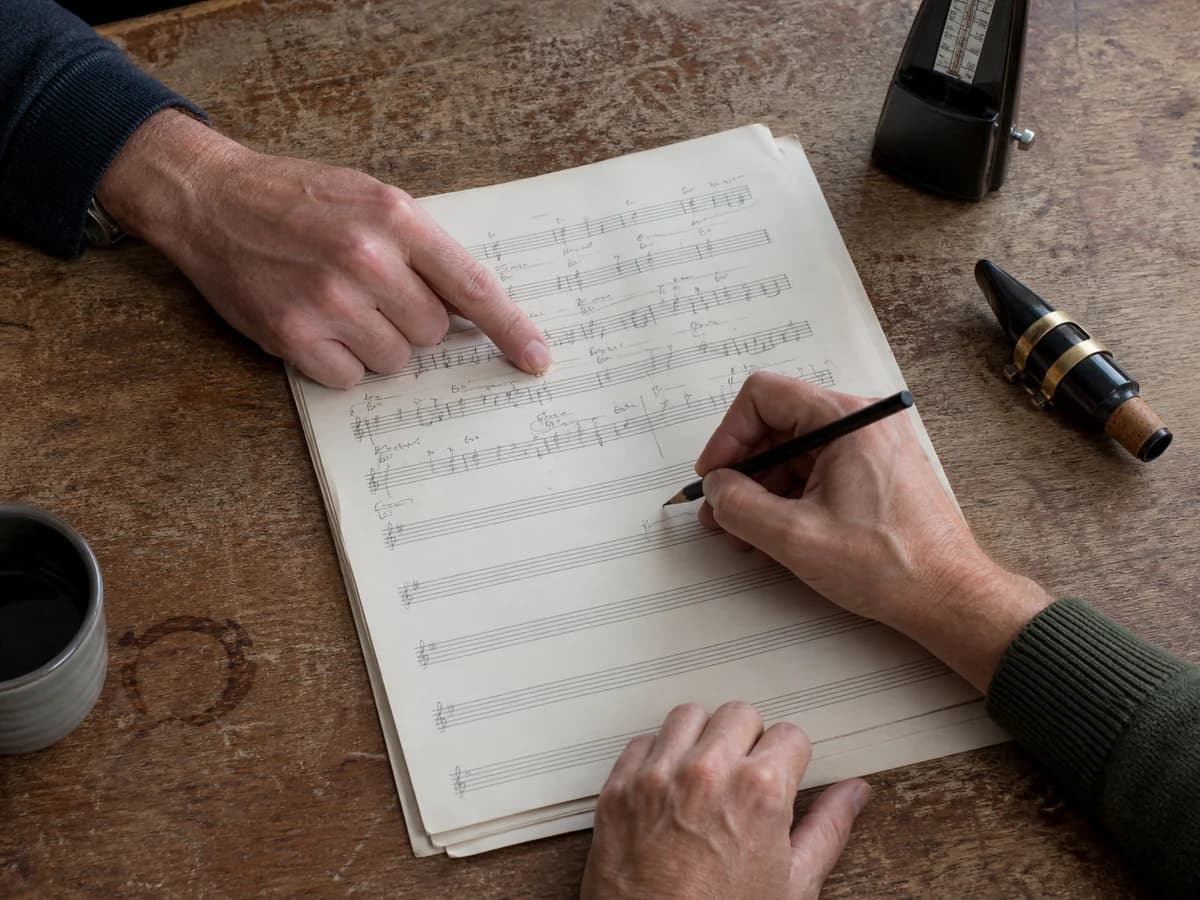 Hand-annotated sheet music score with pencil analysis notes