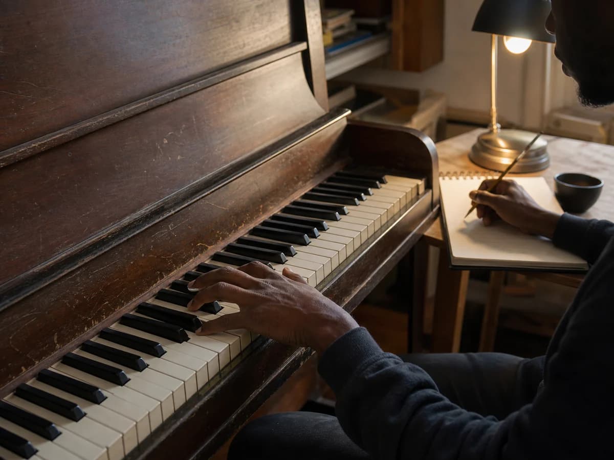 Close-up of musician's hands playing chords on vintage piano keys during a studio take