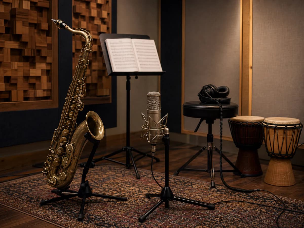 Tenor saxophone and score on a stand in a studio live tracking room