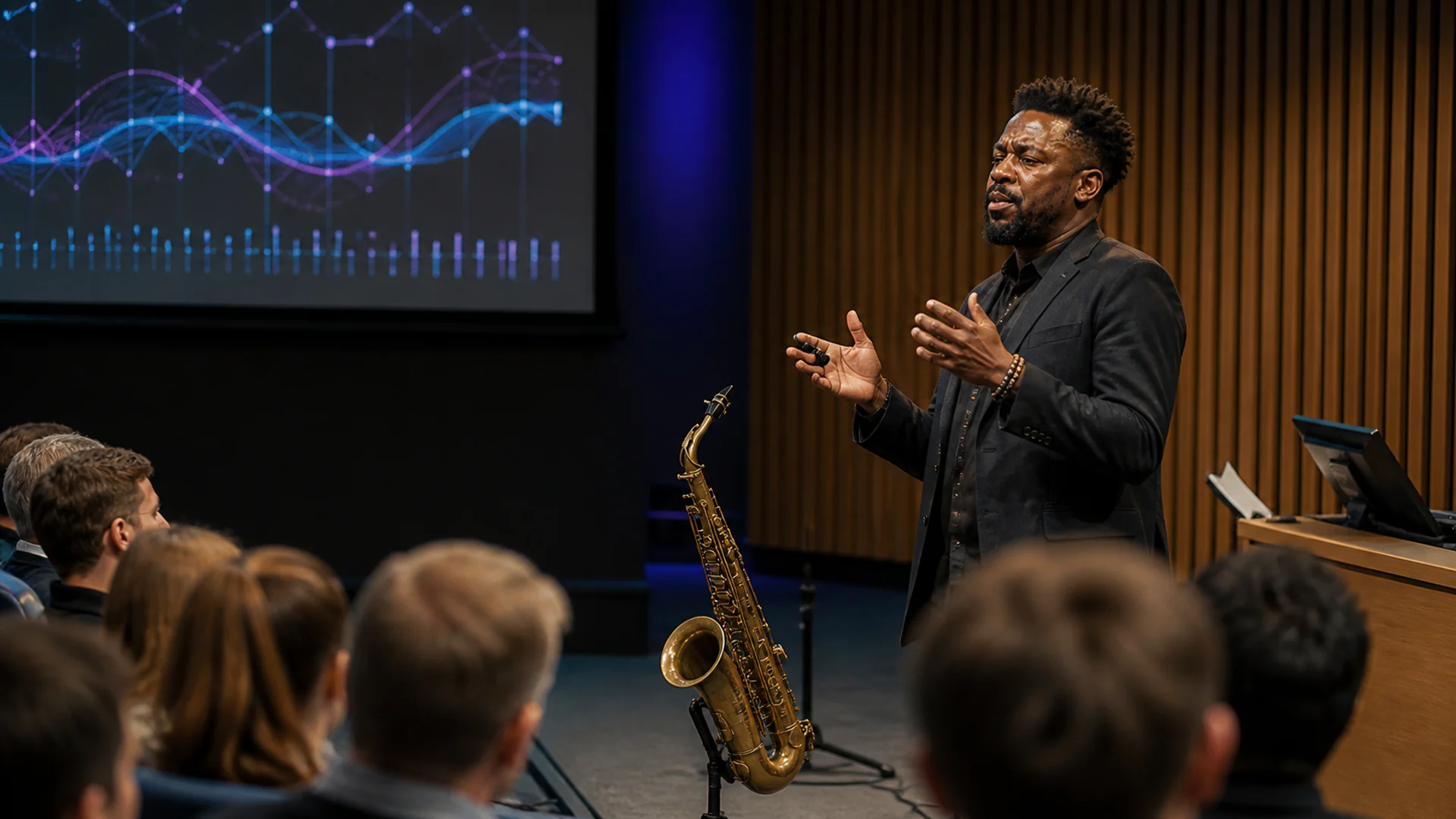 Speaker addressing a lecture theatre with conviction on music and cultural migration