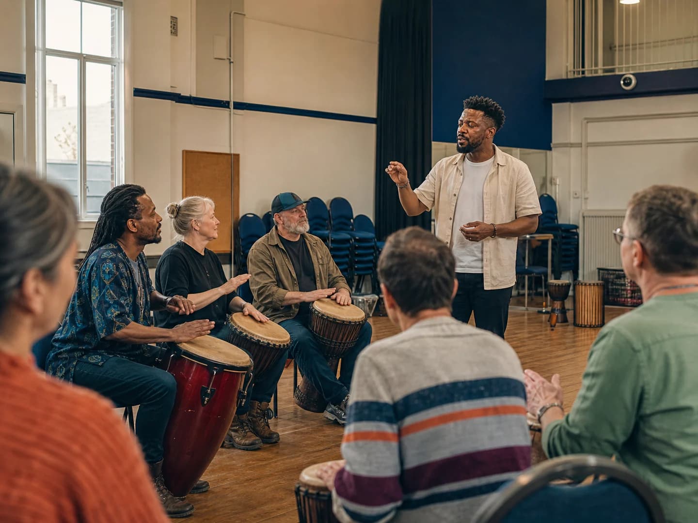 Participatory workshop group playing hand percussion and drums in a circle