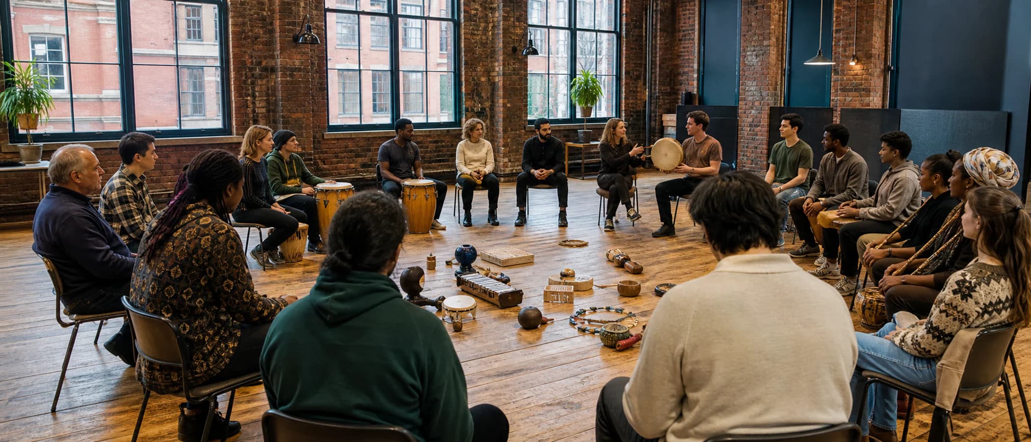 Musicians gathered in a circle in an airy, warm brick Manchester studio with instruments in conversation